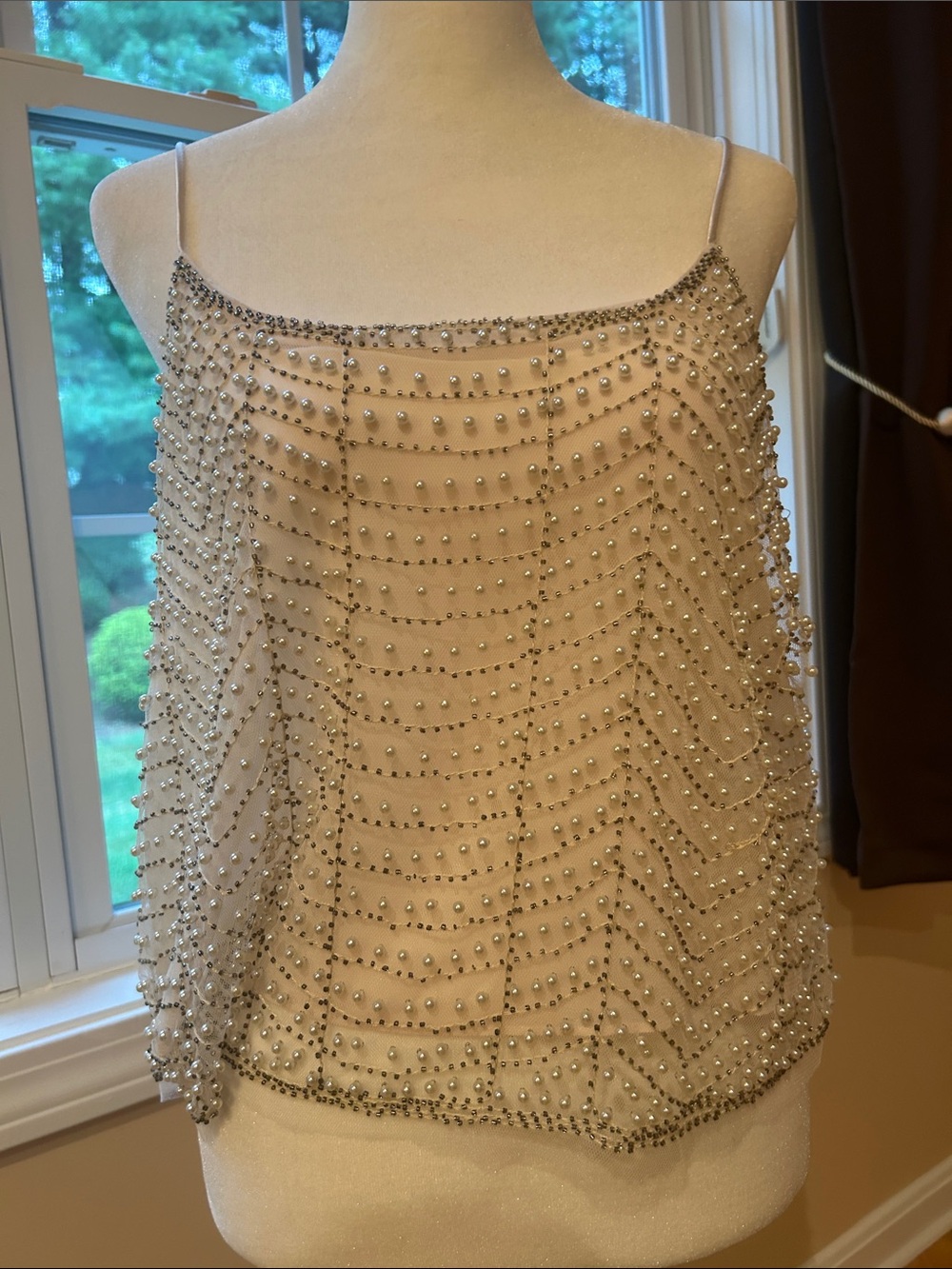 Beaded Ivory Spaghetti-Strap Women's Top